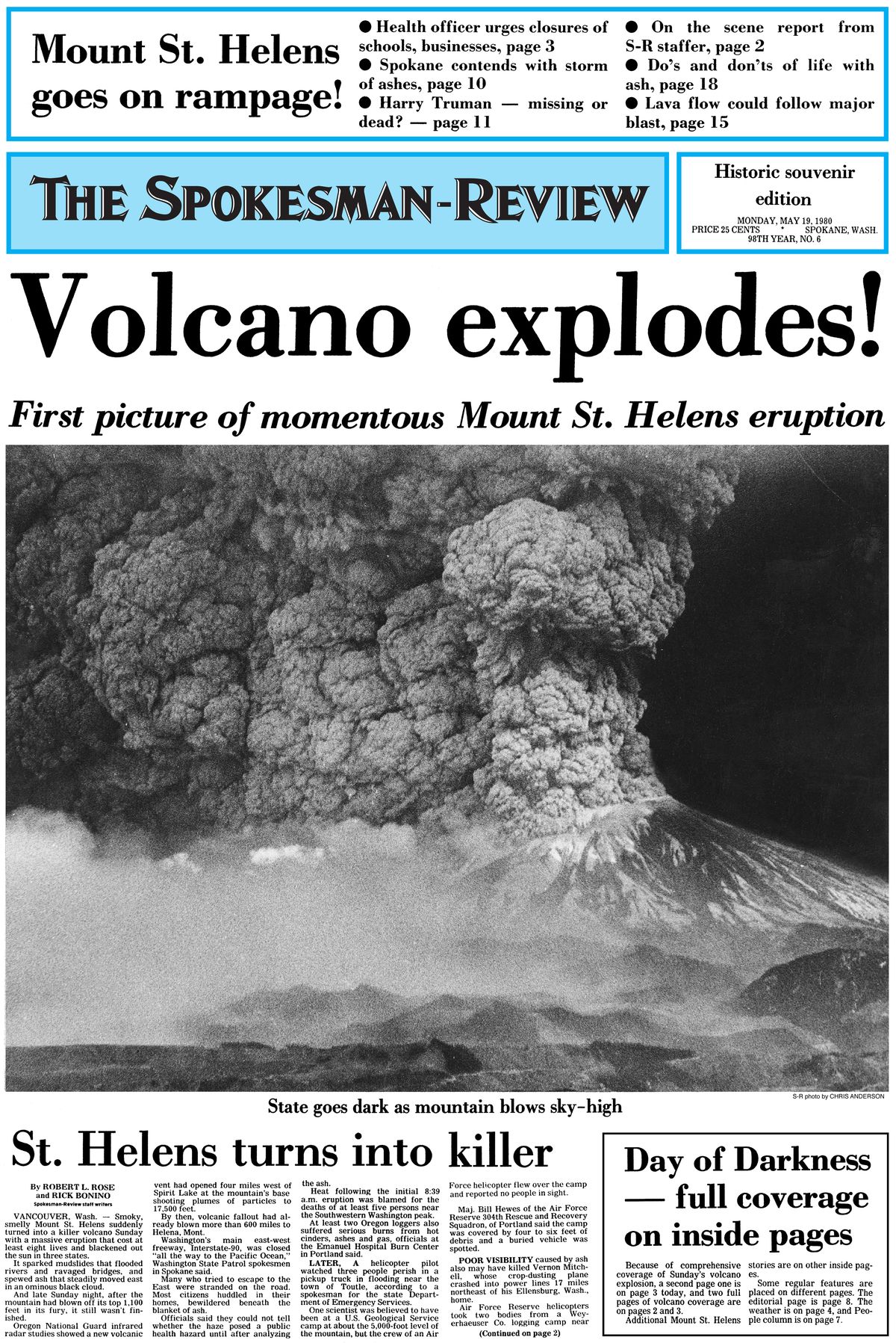 Front page of The Spokesman-Review on May 19, 1980, the day after Mount St. Helens erupted. (The Spokesman-Review)