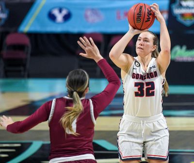 Gonzaga guard Jill Townsend (32) takes a shot as Santa Clara guard Lexie Pritchard (3) defends during the second half of a West Coast Conference semifinal NCAA college basketball game, Monday, March 8, 2021, at the Orleans Arena in Las Vegas.  (COLIN MULVANY/THE SPOKESMAN-REVIEW)