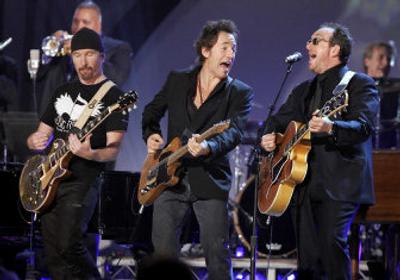 
The Edge, Bruce Springsteen and Elvis Costello perform in a tribute to New Orleans at the 48th Annual Grammy Awards Wednesday in Los Angeles.
 (Associated Press / The Spokesman-Review)
