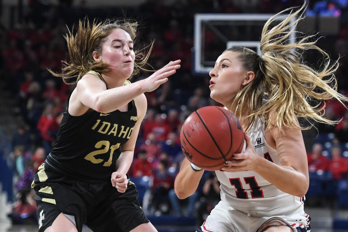 Gonzaga guard Laura Stockton hits the brakes against Idaho guard Mikayla Fernenz, Thursday, Dec. 20, 2018, in the McCarthey Athletic Center. (Dan Pelle / The Spokesman-Review)