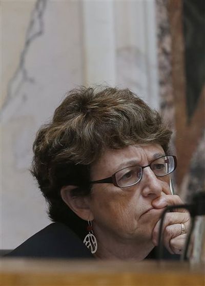 Judge Marsha Berzon listens to arguments on gay marriage bans at the 9th U.S. Circuit Court of Appeals in San Francisco, Monday, Sept. 8, 2014. A federal appellate court has heard arguments over Nevada, Idaho, and Hawaii's gay marriage ban, with an attorney against the ban saying it sends a message to same-sex couples that they and their families are inferior. (AP / Jeff Chiu)