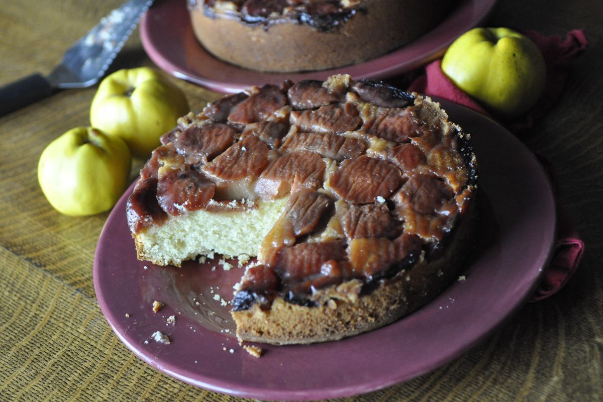Raw, quince is a strange fruit, tough, tart and knobby. Once cooked, however, its cream-colored flesh turns deep pink and becomes tender with an apple- or pear-like texture and delicate, musky flavor, which is highlighted in these upside-down cakes. (Adriana Janovich / The Spokesman-Review)