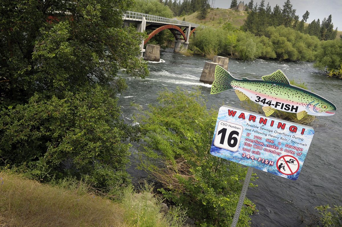 Signs posted along the Spokane River early this month warn of sewer overflows. Reducing the overflows is part of $500 million effort keep phosphorus out of the river. (CHRISTOPHER ANDERSON / The Spokesman-Review)