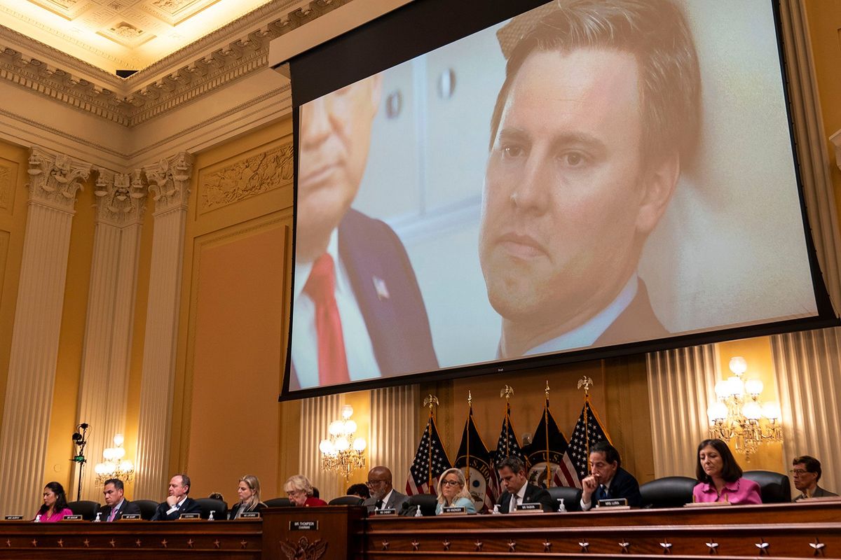 A still photograph of William Stepien, former Trump campaign manager, is seen on screen while excerpts of his deposition are played during a House Select Committee hearing to Investigate the Jan. 6 attack in the Cannon House Office Building on Monday, June 13, 2022, in Washington, D.C. (Kent Nishimura/Los Angeles Times/TNS)  (Kent Nishimura/Los Angeles Times/TNS)