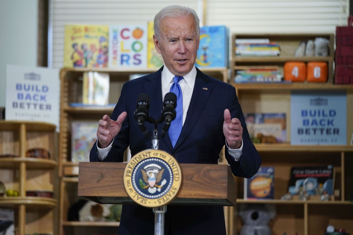 FILE - In this Friday, Oct. 15, 2021, file photo President Joe Biden delivers remarks to promote his "Build Back Better" agenda, at the Capitol Child Development Center in Hartford, Conn.  (Evan Vucci)