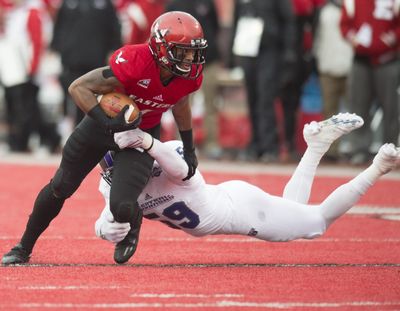Eastern Washington WR Shaq Hill has 173 catches to rank eighth in school history. (Tyler Tjomsland / The Spokesman-Review)