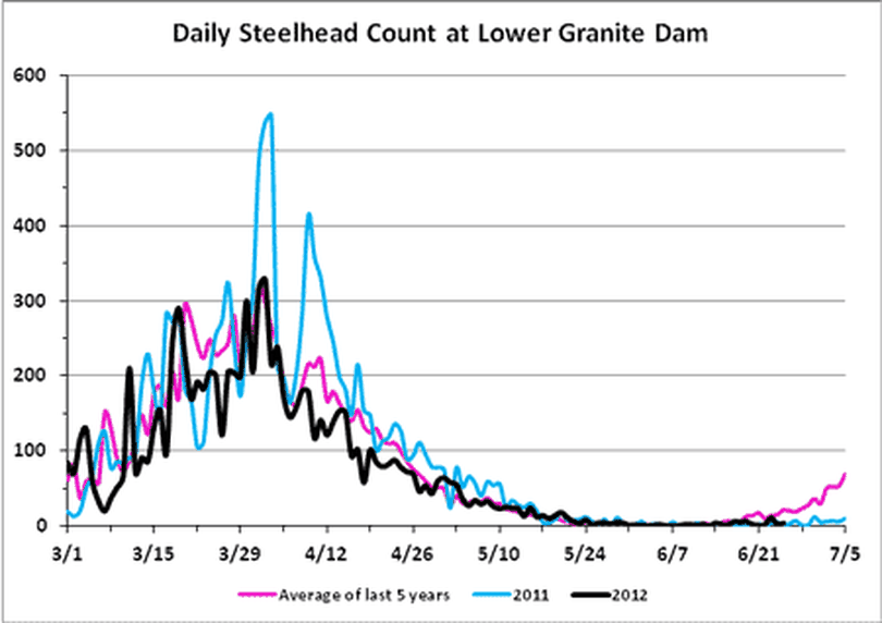 Lower Granite Dam steelhead counts 6/26/12. (Fish Passage Center)