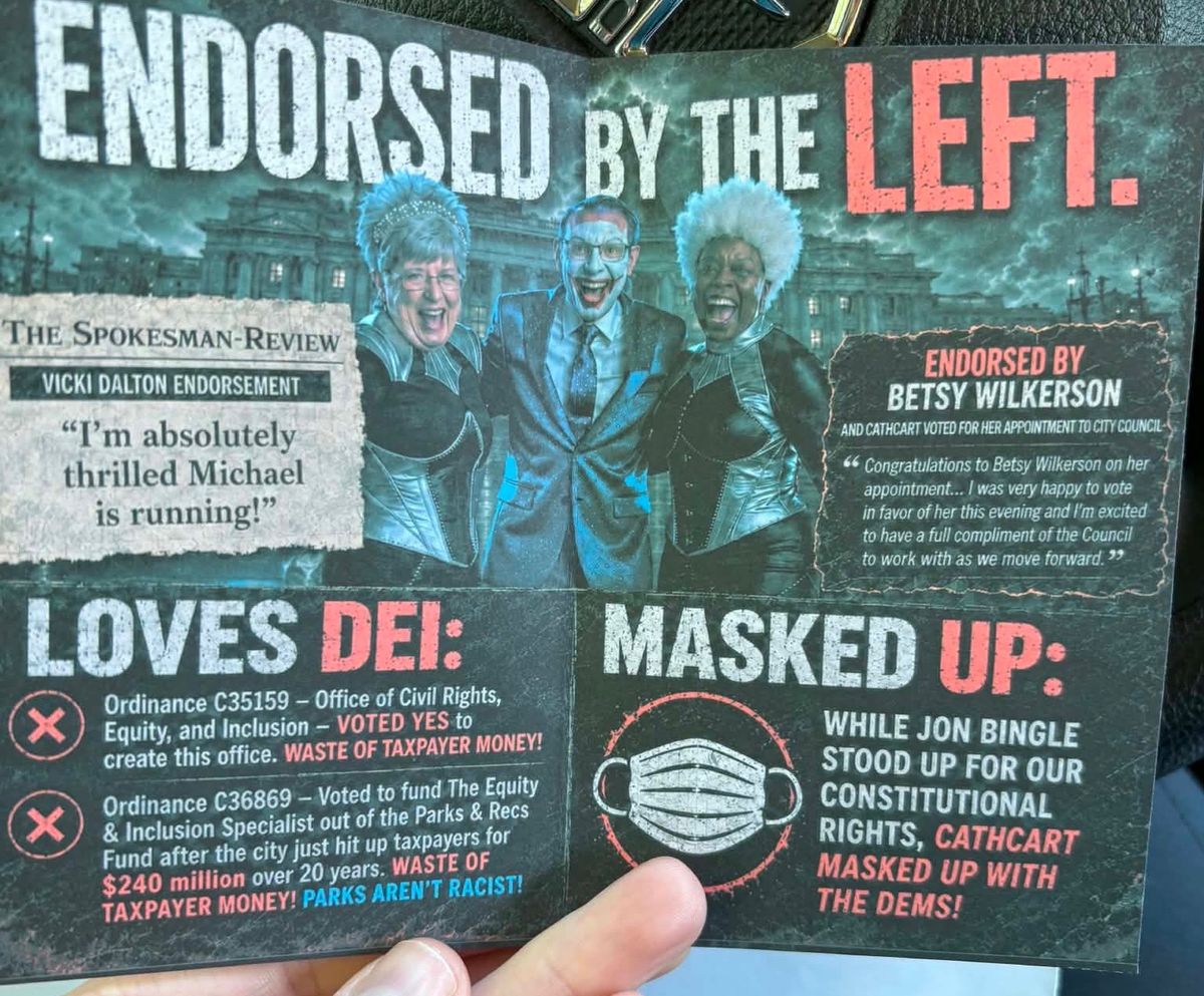 An attack ad mailed on Wednesday depicts Spokane Councilman Michael Cathcart, a Republican candidate for Spokane County auditor, as a Hollywood villain. (Courtesy photo)