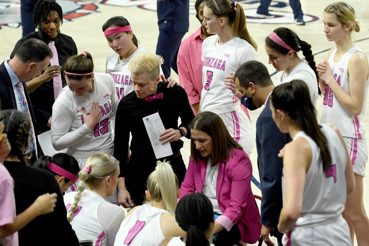 Gonzaga head coach Lias Fortier speaks with players during a third period timeout during a NCAA college basketball game agains Saint Mary’s, Thursday, Feb. 17, 2021, in the McCarthey Athletic Center. (COLIN MULVANY/THE SPOKESMAN-REVIEW)