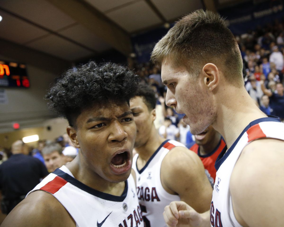 Gonzaga forward Rui Hachimura, left, and forward Filip Petrusev (3) celebrate after Gonzaga defeated Duke 89-87 in an NCAA college basketball game to win the Maui Invitational, Wednesday, Nov. 21, 2018, in Lahaina, Hawaii. (Marco Garcia / Associated Press)