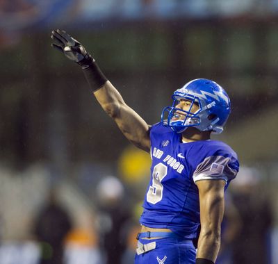 Air Force’s Jalen Robinette salutes the Falcons’ sideline. (Associated Press)