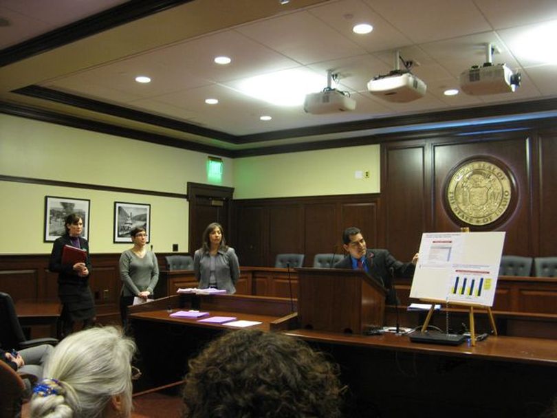 Leo Morales of the Idaho Community Action Network speaks at a press conference Monday at which several groups came together to criticize three pending immigration bills, all of which target employers for penalties for hiring illegal workers. (Betsy Russell)