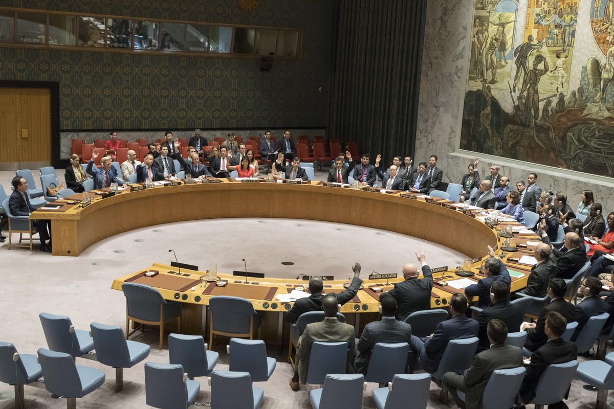 The United Nations Security Council votes on a new sanctions resolution that would increase economic pressure on North Korea to return to negotiations on its missile program, Saturday, Aug. 5, 2017 at U.N. headquarters. (Mary Altaffer / Associated Press)
