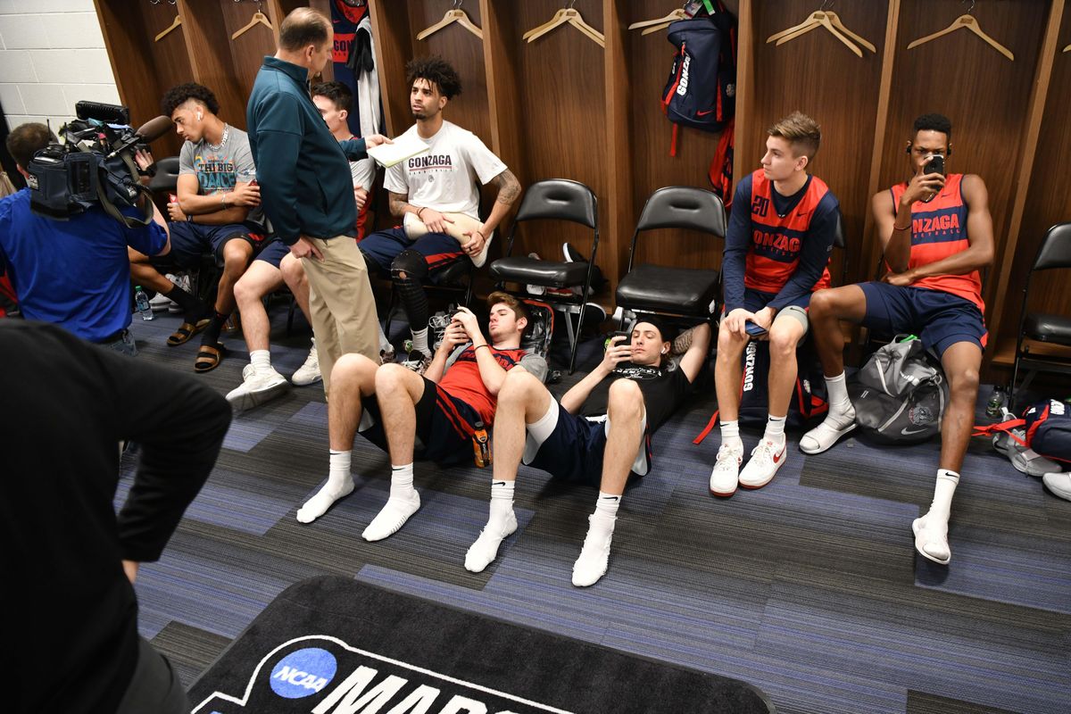 Gonzaga relaxes in their locker room before an NCAA Mens basketball practice on Wednesday, March 20, 2019, at in Salt Lake City, Utah. (Tyler Tjomsland / The Spokesman-Review)