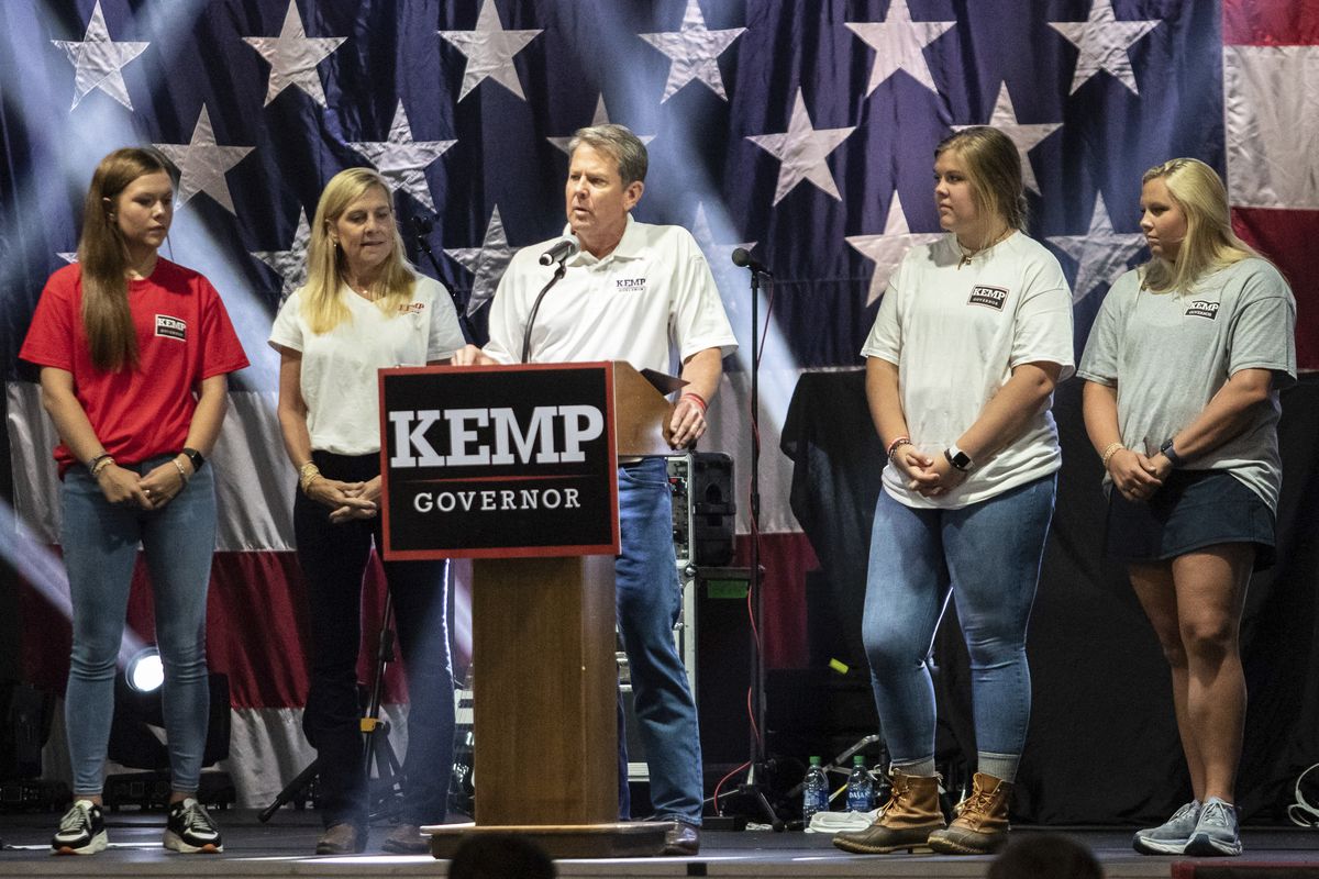 Gov. Brian Kemp announces his bid for re-election at the Georgia National Fairgrounds surrounded by his family on Saturday, July 10, 2021 in Perry, Ga.  (CLAY TEAGUE)