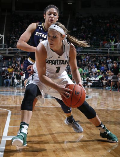 Michigan State's Tori Jankoska, front, drives against Notre Dame's Mychal Johnson during the second half of an NCAA college basketball game, Tuesday, Dec. 20, 2016, in East Lansing, Mich. (Al Goldis / Associated Press)