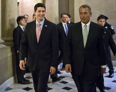 Walking with House Speaker John Boehner, R-Ohio, right, Rep. Paul Ryan, R-Wis., the Republican vice presidential candidate, returns to Capitol Hill to vote on a stopgap spending bill that avoids a government shutdown but carries a price tag $19 billion higher than the budget he wrote as chairman of the House Budget Committee, in Washington, Thursday, Sept. 13, 2012. (J. Applewhite / Associated Press)