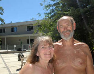 
Developers Linda and Tom Janson stand on a patio at Sun Meadow Resort, a nudist resort near Worley, on Tuesday. 
 (Jesse Tinsley / The Spokesman-Review)