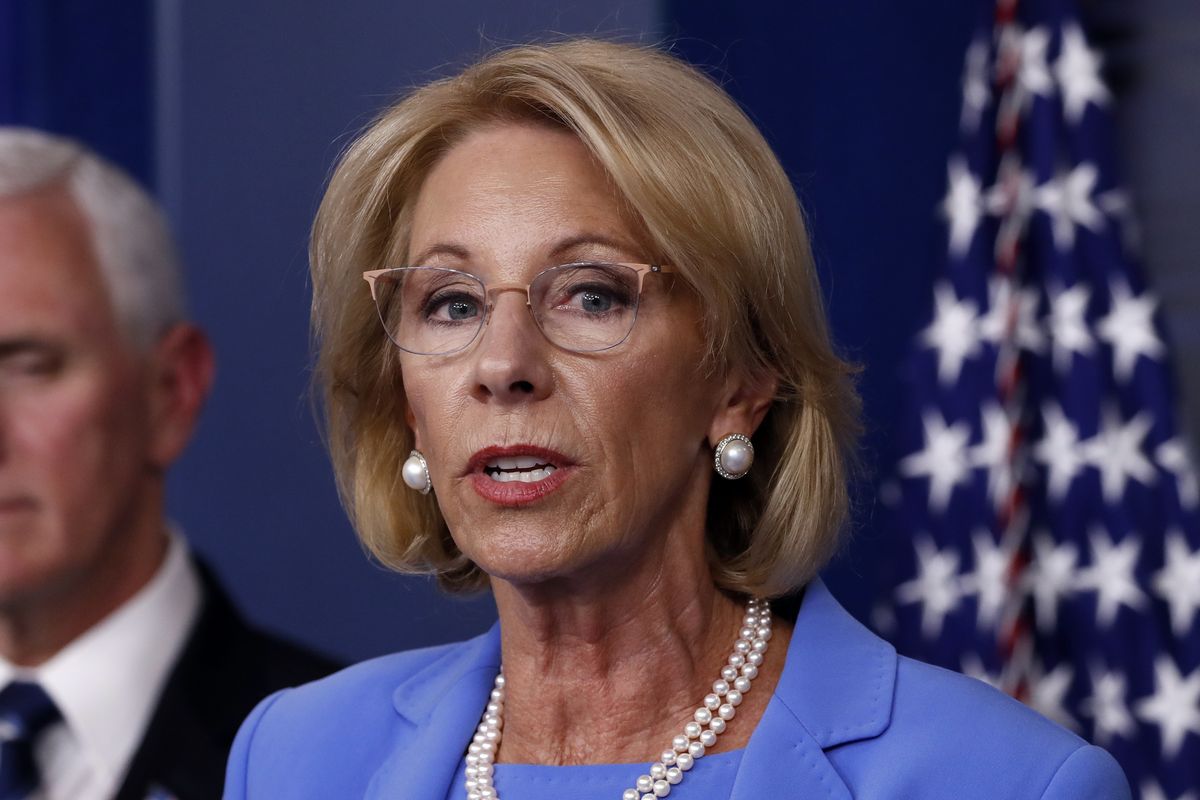 FILE - In this March 27, 2020, file photo, Education Secretary Betsy DeVos speaks about the coronavirus in the James Brady Press Briefing Room in Washington. DeVos is pushing ahead with a policy that will steer tens of millions of dollars in federal coronavirus relief to private primary schools and secondary schools across the nation. (Alex Brandon)