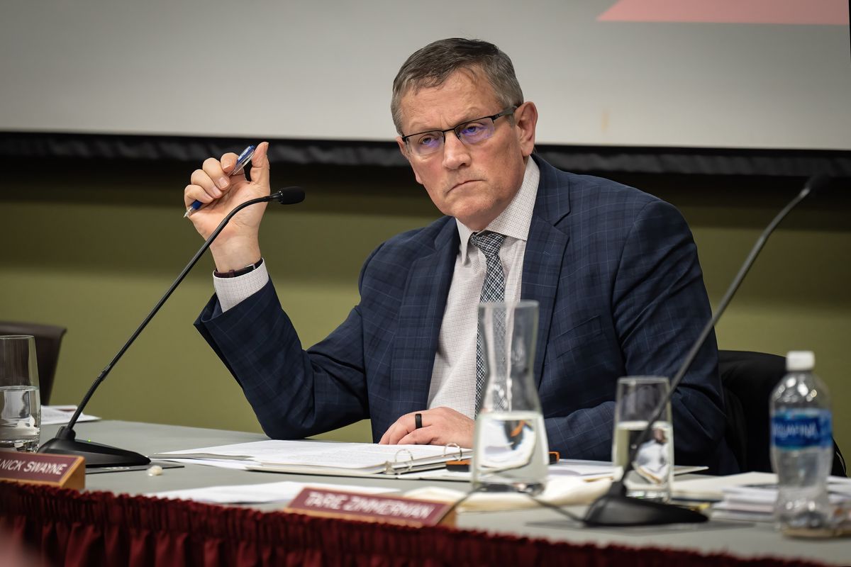 Dr. Nick Swayne, NIC president, attends a North Idaho College Board of Trustee meeting at the College, Wednesday, March 22, 2023.  (COLIN MULVANY/THE SPOKESMAN-REVI)