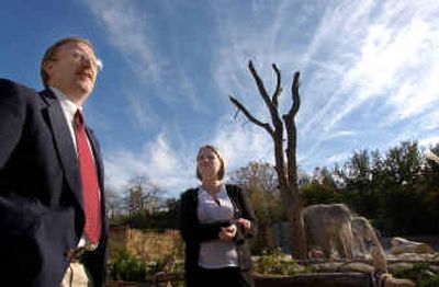 
Dr. Robert Wiese, director of animal collections for the Fort Worth Zoo, left, and Lisa Faust, a research biologist with the Lincoln Park Zoo, speak Friday at the elephant exhibit at the Fort Worth Zoo in Fort Worth, Texas.
 (Associated Press / The Spokesman-Review)