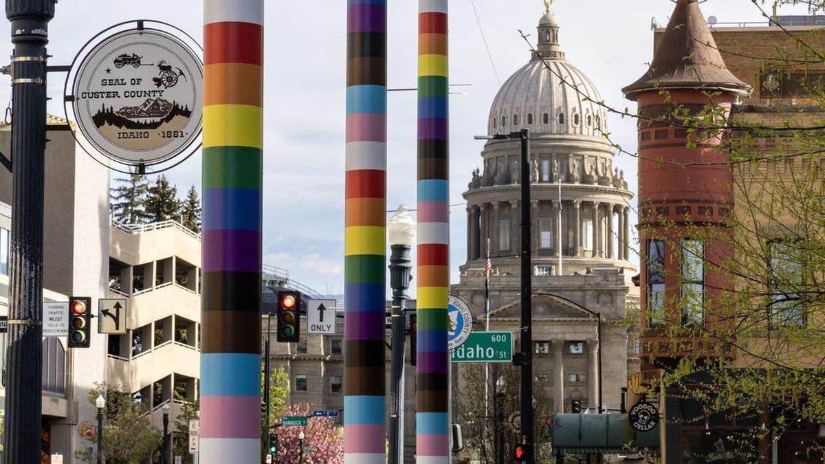 Boise’s flagpoles are now rainbow striped, after lawmakers strengthened a 2025 bill banning most flags on government property.  (Darin Oswald)
