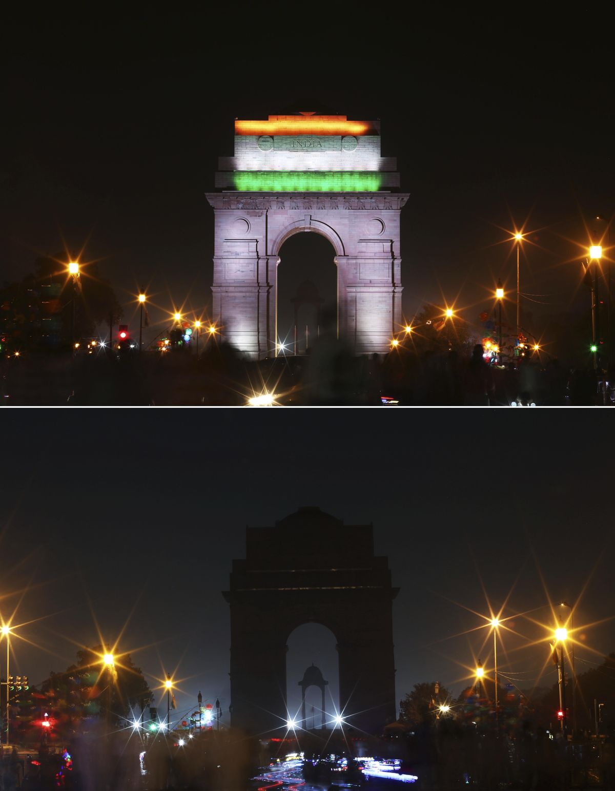 In this two photo combination picture, the landmark India Gate monument is seen lit, top, and then the same location in darkness when the lights are turned out for one hour to mark Earth Hour, in New Delhi, India, Saturday, March 24, 2018. Earth Hour was marked worldwide at 8:30 p.m. local time and is a global call to turn off lights for 60 minutes in a bid to highlight the global climate change. (Oinam Anand / Associated Press)