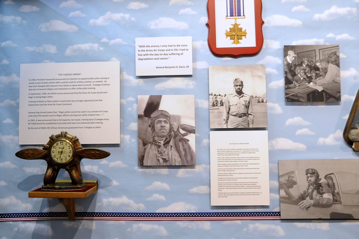 An exhibit at the Spokane Valley Heritage Museum is called "The Color of Patriotism." The exhibit explores the contributions and sacrifice of the Tuskegee Airmen, the 442nd (Japanese) Combat Battalion and the Navaho Code Talkers.  (COLIN MULVANY/Special to The Black Lens)