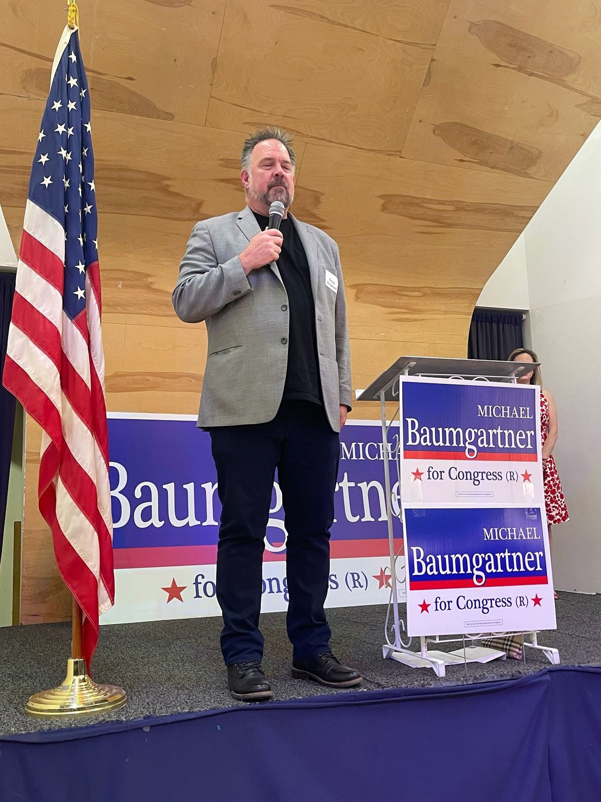 Brian Heywood speaks at Spokane County Treasurer and congressional candidate Michael Baumgartner’s annual “Baumtoberfest” event on Wednesday.  (Courtesy photo)