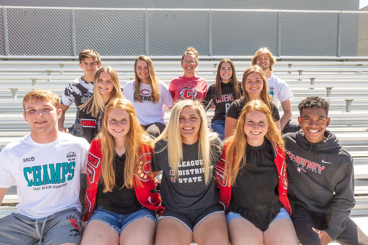 Cheney: Front (L-R): Dylan Straley (wrestling), Pyper Cagle (fastpitch, slowpitch), Bella King (fastpitch, slowpitch), Parker Cagle (fastpitch), Braxton Hinton (track). Middle: Emma Evans (basketball), Sarianna Winters (tennis). Back: Jackson Showalter (wrestling), Avery Stark (volleyball), Coach Heather Zorrozua (volleyball), McKenna Benson (soccer), Ryan Reickmann (track). Not pictured: Dusten Butikofer (track), Ben McGourin (football). 