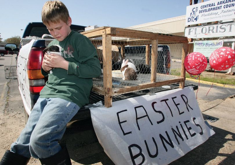 Logan Wilson, of Junction City, calms one of several Easter Bunnies he and his grandfather Glen Butler are selling, Tuesday, March 23, 2010, in the parking lot of the old Brookshires building on Northwest Avenue in El Dorado, Ark. The duo had sold about 10 bunnies by the afternoon and will be selling their limited supply of bunnies in the parking lot, everyday until Easter Sunday. (Michael Orrell / The El Dorado News-times)