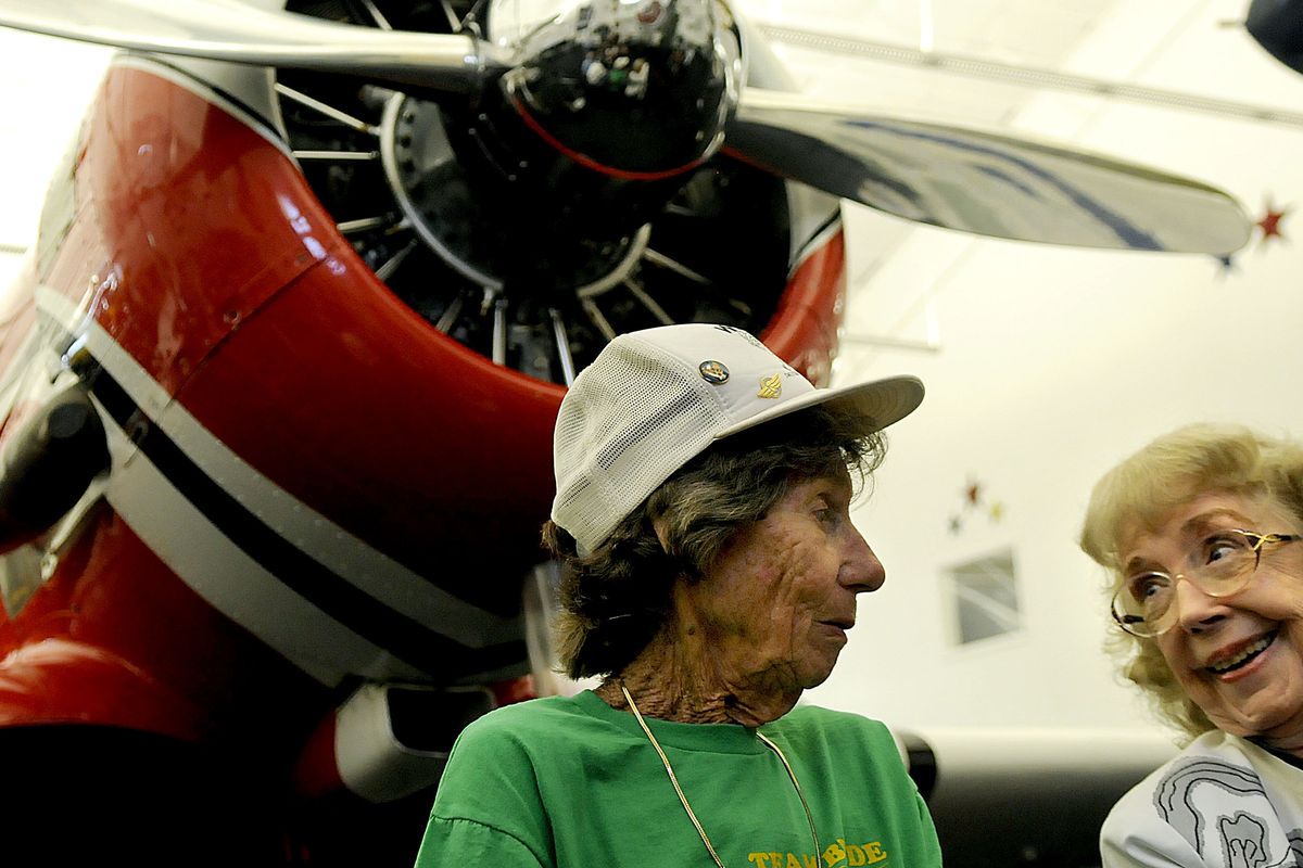 Betty Budde, 89, of Concord, Calif., left, and Alyce Stevenson Rohrer, 86, of Pasadena, Calif., reminisce at the Bird Aviation Museum in Sagle, Idaho, on Thursday. They were members of the Women Airforce Service Pilots during World War II and will be honored Saturday at the museum.  (Kathy Plonka)