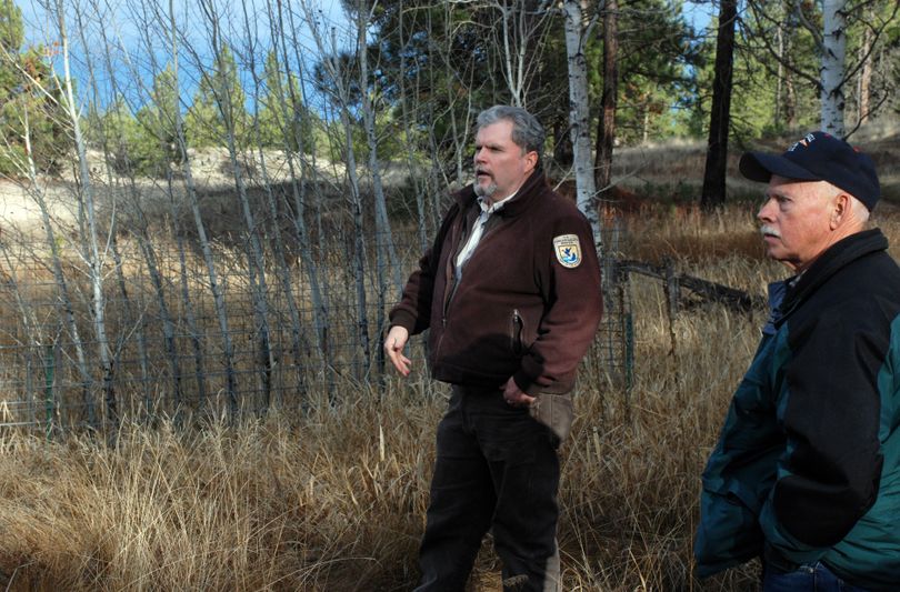Mike Rule, wildlife biologist, shows how elk have been eating all the aspen shoots on Turnbull Naitonal Wildlife Refuge except those in the fenced enclosure behind him. Russell Frobe of the Friends of Turnbull is at right. Photo by Rich Landers/The Spokesman-Review  Photo by Rich Landers/The Spokesman-Review (Rich Landers / The Spokesman-Review)