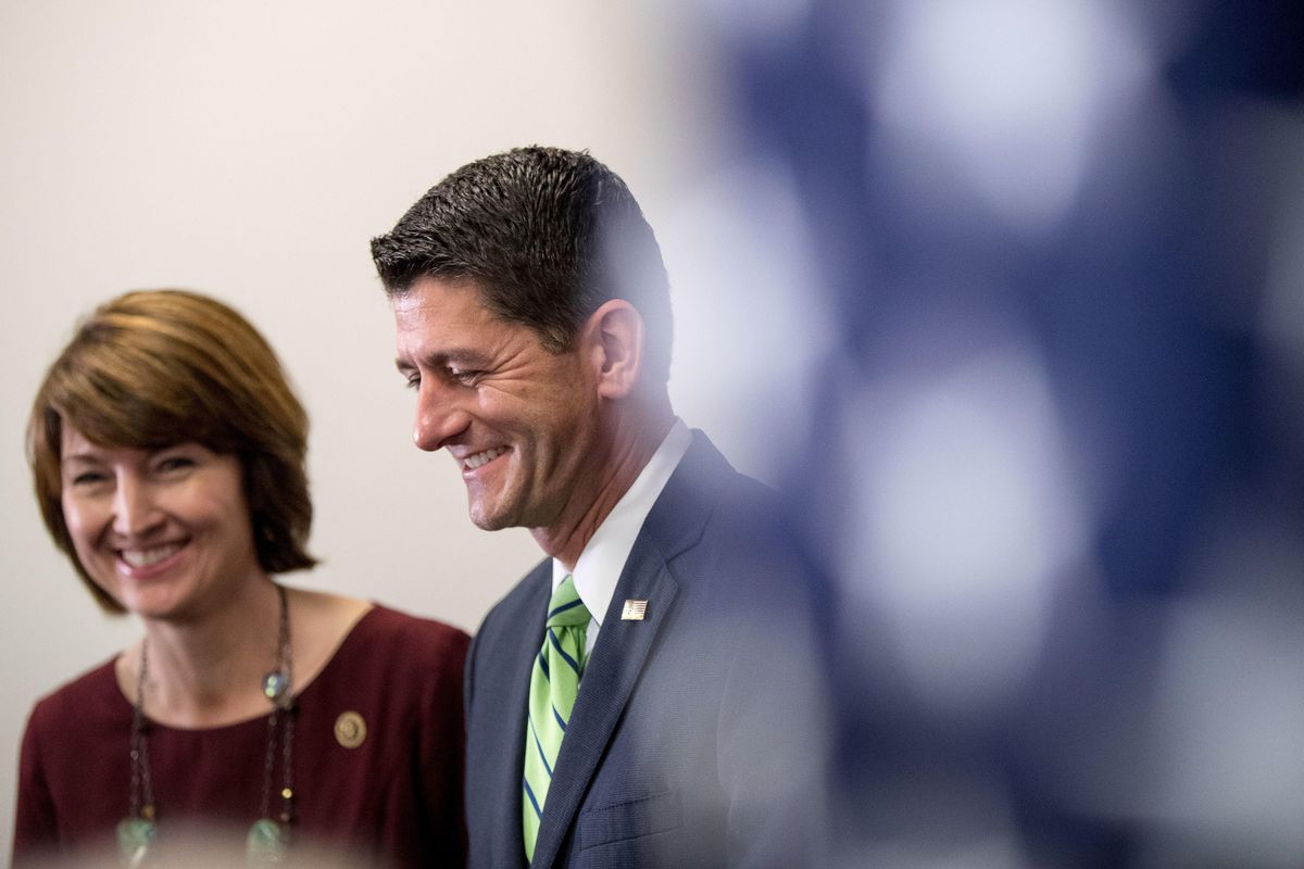 FILE – Rep. Cathy McMorris Rodgers, R-Wash., left, and House Speaker Paul Ryan of Wis. smile during a news conference on Capitol Hill in Washington, Tuesday, Sept. 27, 2016, following a closed-door meeting of House Republicans. (Andrew Harnik / AP)