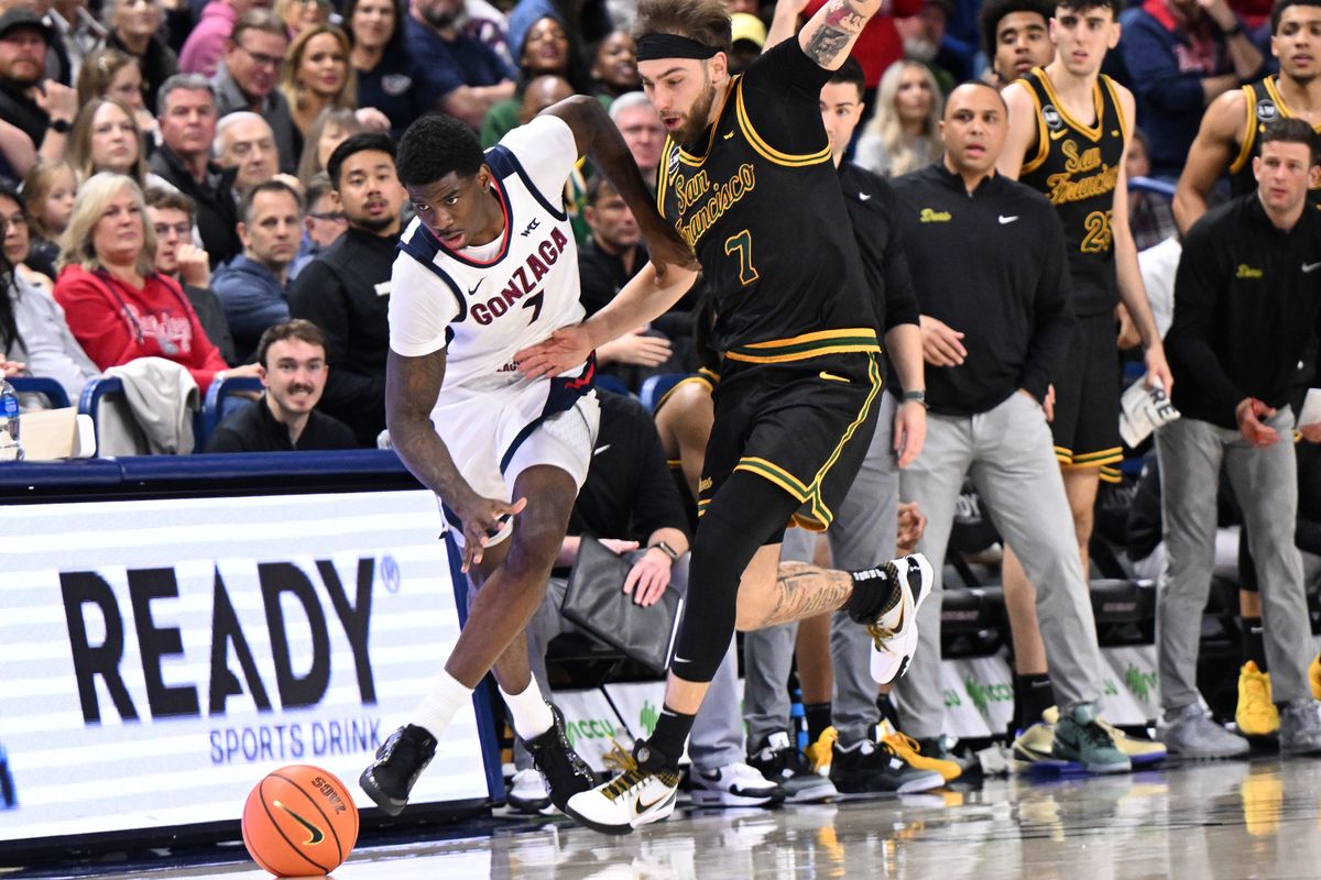 Gonzaga guard Tyon Grant-Foster drives the ball against San Francisco guard Vukasin Masic during a WCC game on Jan. 24 at McCarthey Athletic Center.  (Tyler Tjomsland / The Spokesman-Review)