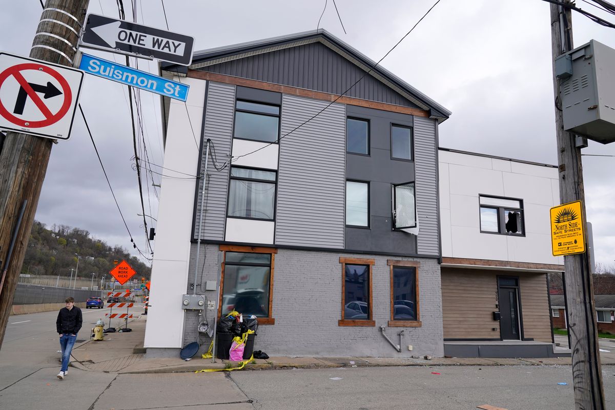 This is the short-term rental property where police say a shooting took place at a house party in Pittsburgh early Sunday morning, April 17, 2022. The shooting happened around 12:30 a.m. during a party at a short-term rental property where there were more than 200 people inside — many of them underage, Pittsburgh police said in a news release.  (Gene J. Puskar)