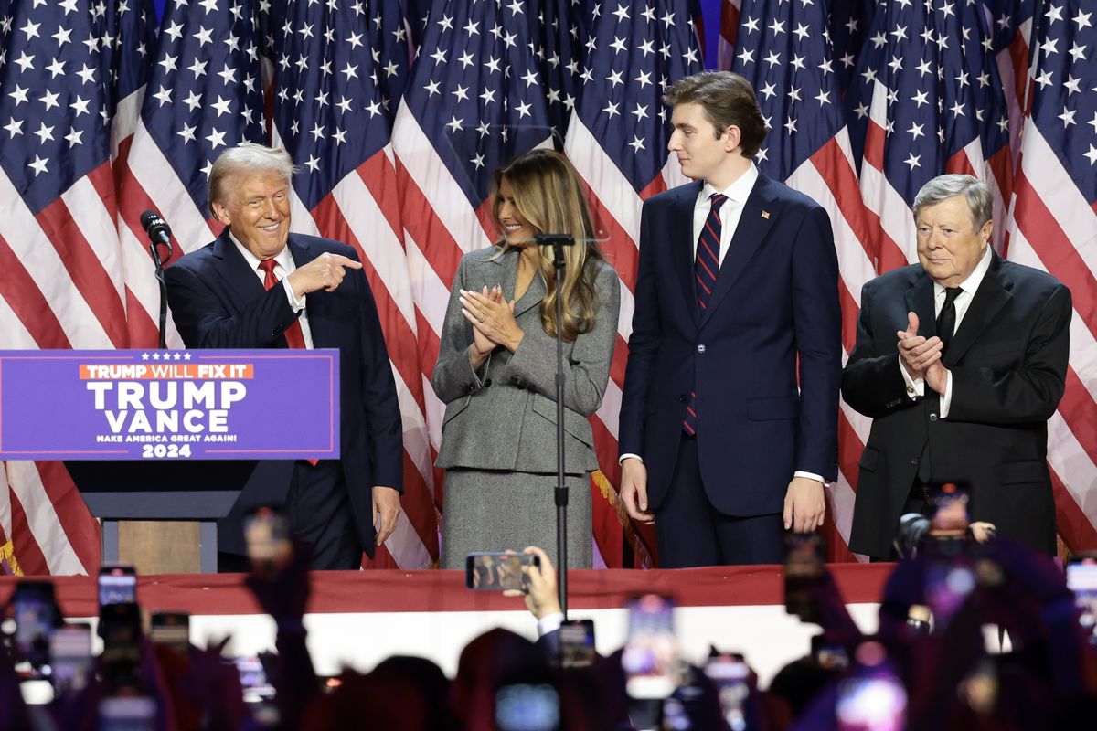 Republican presidential nominee and former President Donald Trump speaks during an election night event at the Palm Beach Convention Center on Wednesday in West Palm Beach, Fla.  (Win McNamee)