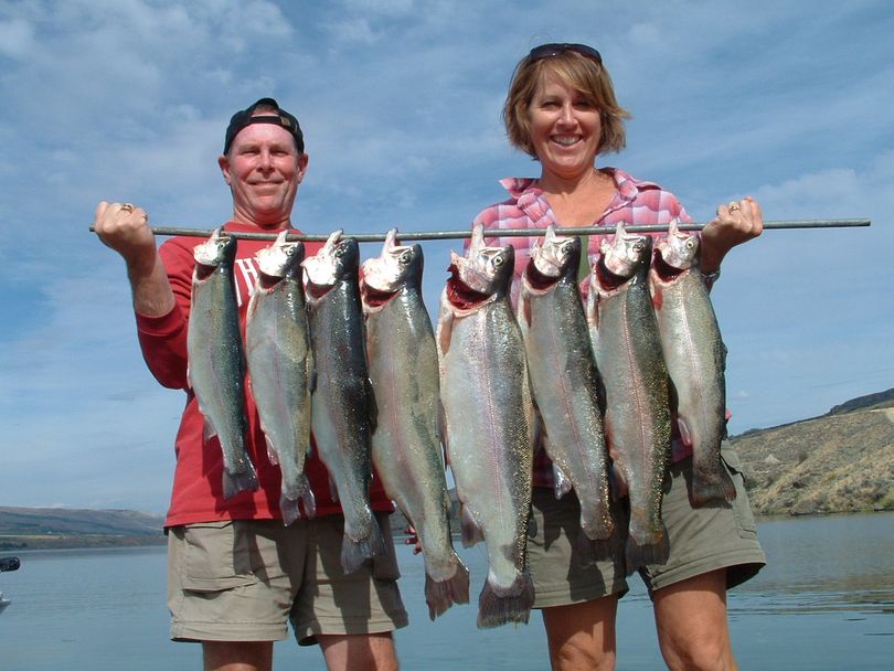  Bill and Sandy Hays of Yakima holding a four-person limit of rainbows from Lake Rufus Woods.  Their big fish were 7lb 8oz and 6lb 12oz.  They fished with Jeff Witkowski of Chelan and Ray Rhoads III of Spangle, WA.
 (Darrell & Dad's Family Guide Service)