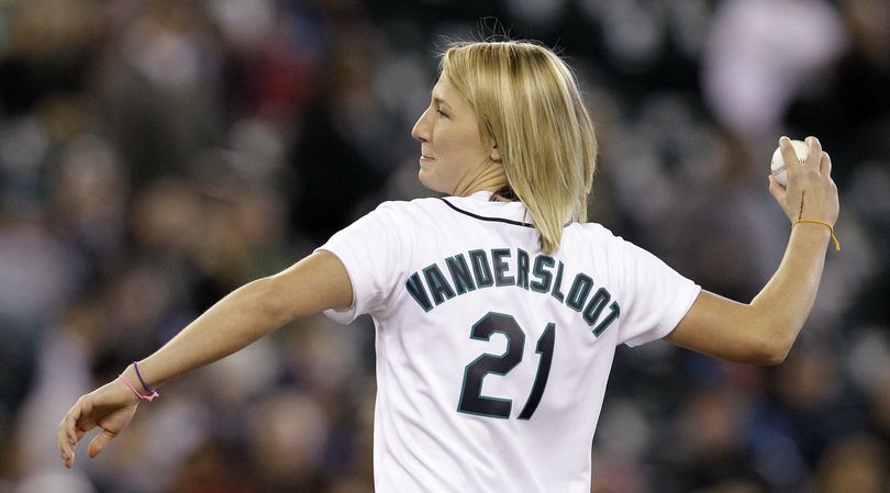 Chicago Sky WNBA draft pick Courtney Vandersloot, from Gongaza, tosses out the ceremonial first pitch. (Associated Press)