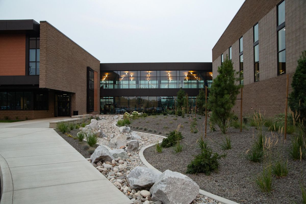 The sprawling building of the new North Pines Middle School is seen before the 2018-19 school year on Aug. 23, 2018. The school moved down the block from its old location, now located at 11900 E. Broadway. (Libby Kamrowski / The Spokesman-Review)