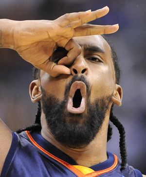 Golden State Warriors center Ronny Turiaf gestures after they scored a three-point shot during the second half of their NBA basketball game against the Los Angeles Clippers, Saturday, April 10, 2010, in Los Angeles. The Clippers won 107-104. (Mark Terrill / Associated Press)