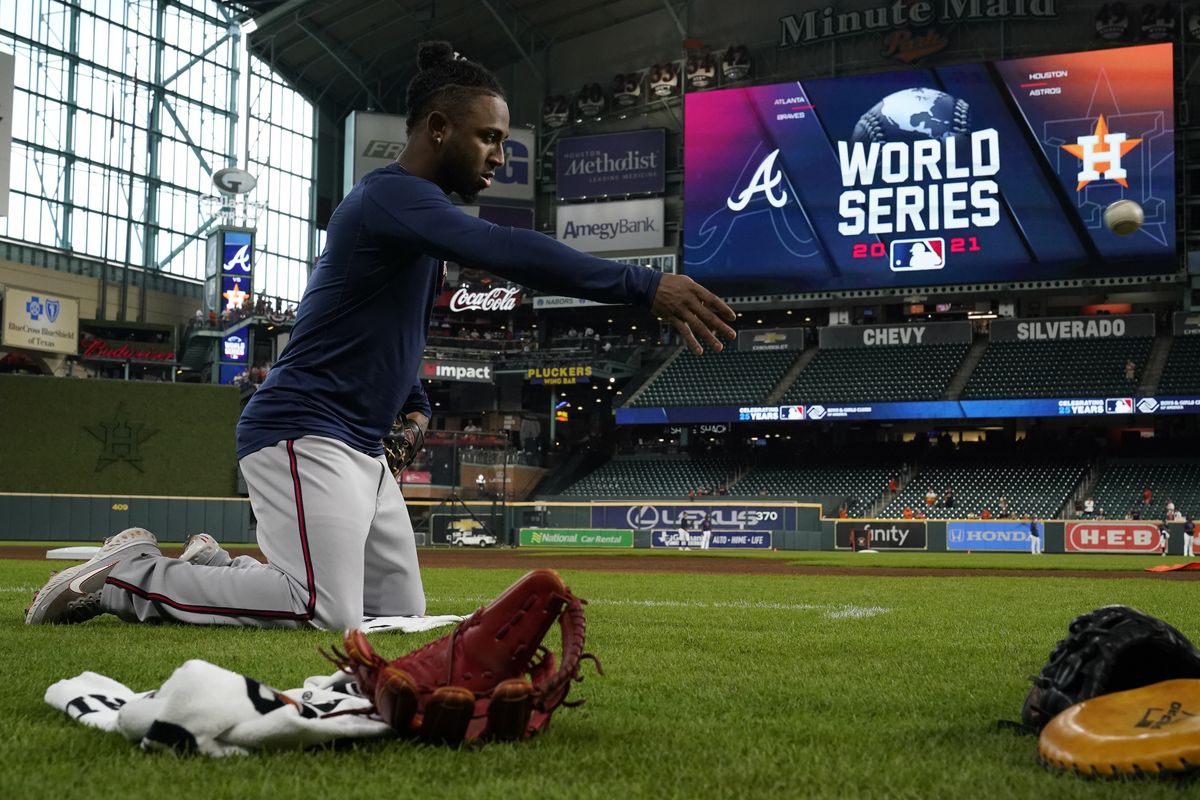 Atlanta Braves second baseman Ozzie Albies warms up during batting practice before Game 1 in baseball