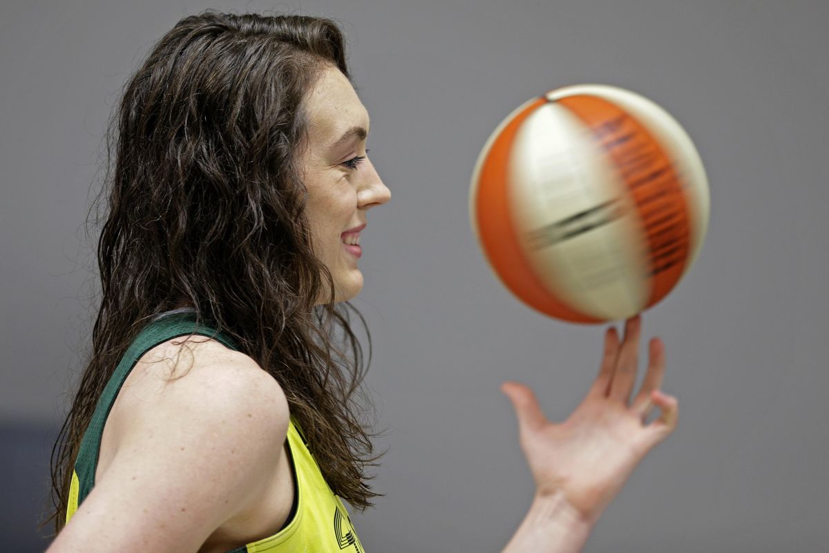 In this photo taken May 2, 2017, Seattle Storm forward Breanna Stewart spins a basketball as she poses for WNBA basketball official photos during the team’s annual media day, Tuesday, May 2, 2017, in Seattle. The whirlwind has stopped for Breanna Stewart. After a much needed break, Stewart is ready for her second season with the Seattle Storm. (Ted S. Warren / Associated Press)