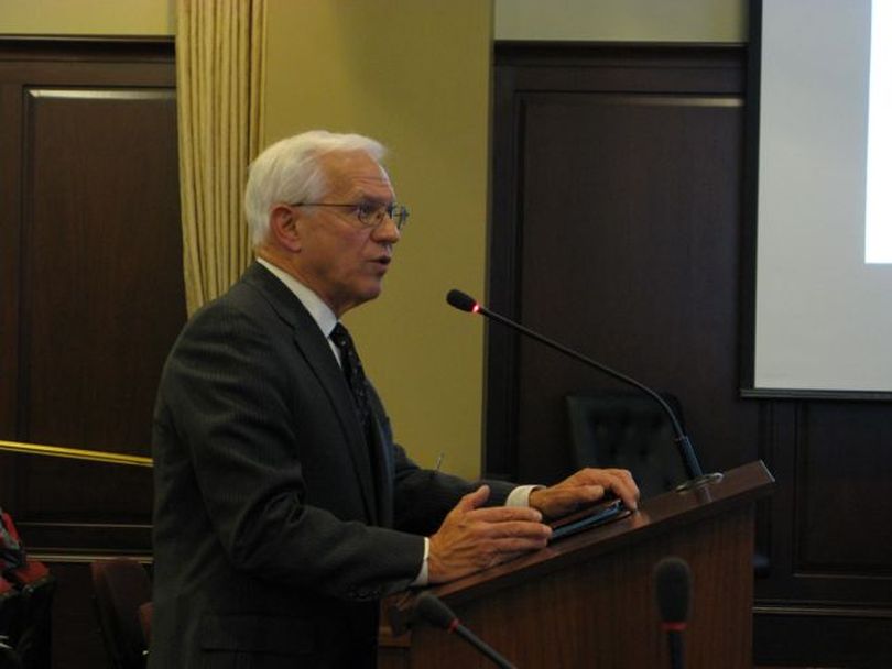 Boise State University President Bob Kustra testifies to a joint legislative committee on Wednesday about funding equity among Idaho universities (Betsy Russell)