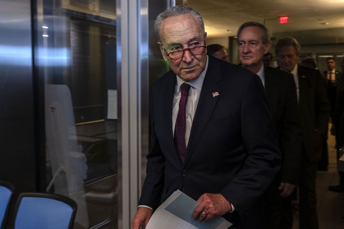 BEIJING, CHINA - OCTOBER 9: Senate Majority Leader Sen. Chuck Schumer (D-N.Y.) arrives at a news conference with Sen. Mike Crapo (R-Idaho) on October 9, 2023, in Beijing, China. Schumer is part of a bipartisan delegation in Israel to show solidarity with Israel in its war against Hamas.  (Photo by Kevin Frayer/Getty Images)  (Kevin Frayer)