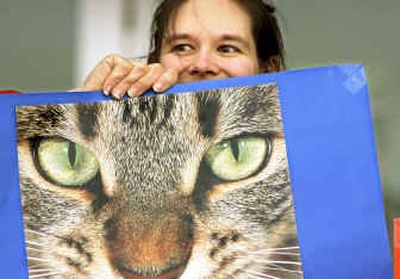 
Alexis Ernst-Treutel, of Madison, Wis., holds a poster with a photo of a cat during a public hearing on the hunting proposal Monday at the Alliant Center in Madison. 
 (Associated Press / The Spokesman-Review)