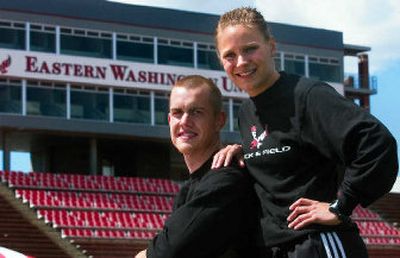 
Alex Moon, left, and Haley Heater, both hurdlers for Eastern Washington University's track team, have also been boyfriend and girlfriend for three years. 
 (Kathryn Stevens / The Spokesman-Review)