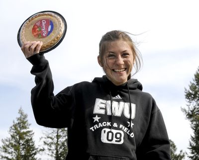 Eastern’s Sarah Frey was given a cherry pie after winning the WAR III 400 hurdles. Each winner gets a pie and other sponsors pitch in as well in the popular meet.danp@spokesman.com (Dan Pelle)