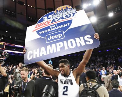 Villanova’s Kris Jenkins (2) celebrates after a championship NCAA college basketball game against Creighton in the finals of the Big East men’s tournament Saturday, March 11, 2017, in New York. Villanova won 74-60. (Frank Franklin II / Associated Press)