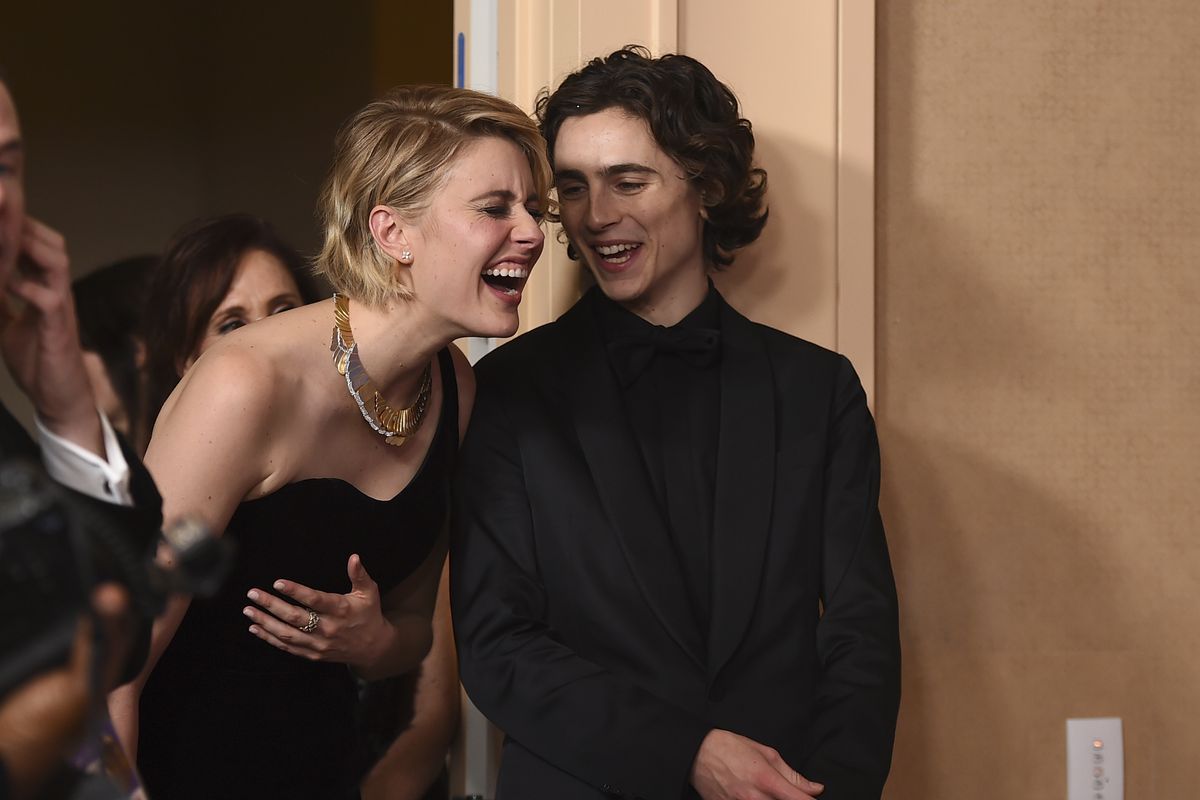 Greta Gerwig, left, and Timothee Chalamet, winners of the award for best motion picture - musical or comedy for "Lady Bird," appear in the press room at the 75th annual Golden Globe Awards at the Beverly Hilton Hotel on Sunday, Jan. 7, 2018, in Beverly Hills, Calif. (Photo by Jordan Strauss/Invision/AP) ORG XMIT: CAPM647 (Jordan Strauss / Invision)